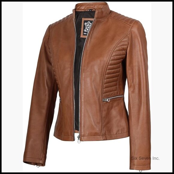 Lambskin Leather Jacket Women's Cafe Racer Style Distressed